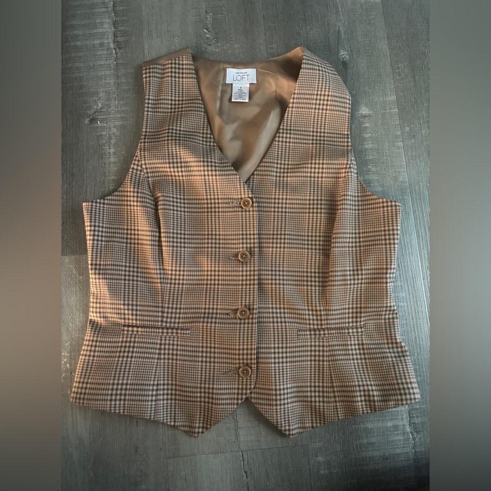 LOFT Brown Plaid V-Neck Button Front Vest